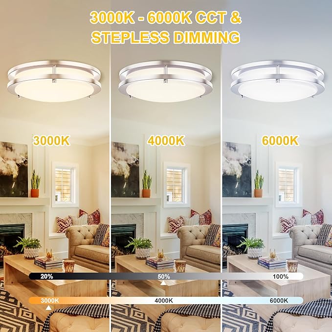 Kalium LED Ceiling Light with Remote 13 Inch Flush Mount Ceiling Light Fixture,24W 3000K-6000K Adjustable Color Temperature,Dimmable Lighting Fixtures for Kitchen Bedroom Hardwired Installation