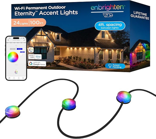 Enbrighten Vibe Eternity Accent Permanent Outdoor Lights for House, 100ft, 24 RGBWIC LEDs, Wide Spacing, 94lm, Tunable White, Everyday Eave Lighting, Smart App, Works with Alexa, Google Home, 85714