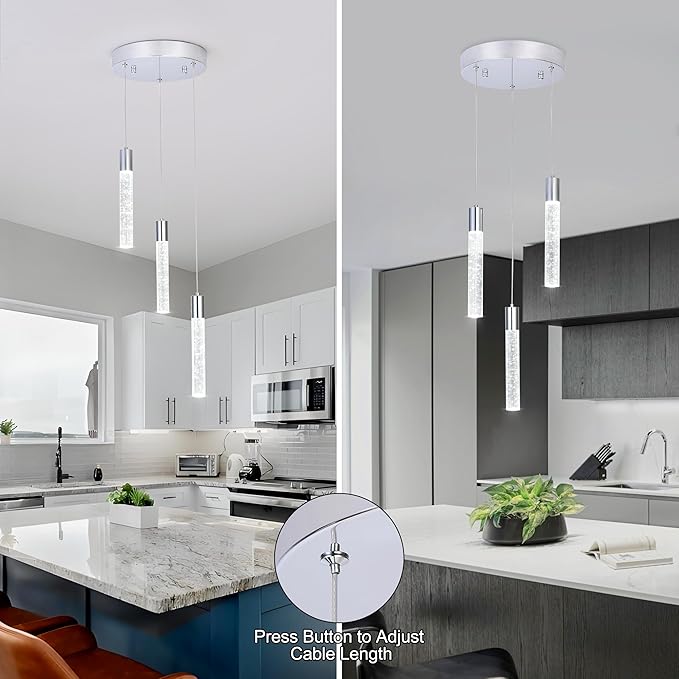 3-Light Bubble Crystal Ceiling Chrome Integrated Crystal Pendant Chandelier,Dimmable LED Ceiling Light with Adjustable Height for Kitchen Island, Dining Room & Bedroom 3000K -6000K