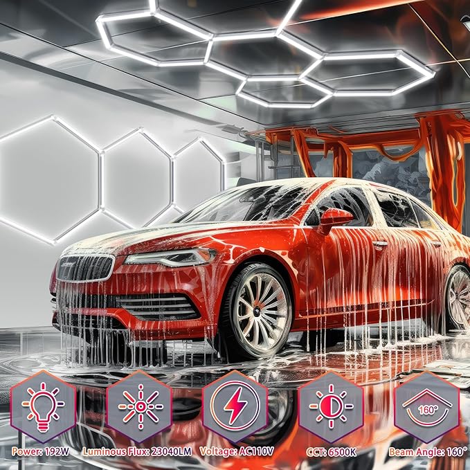 BRILLIHOOD LED Hexagon Garage Lights, 24 Pack Car Garage Light Tubes, 192W, 23040LM, 6500K Super Bright, 5 Grid Systems Car Detailing LED Hex Light for Warehouse Workshop Basement Gym