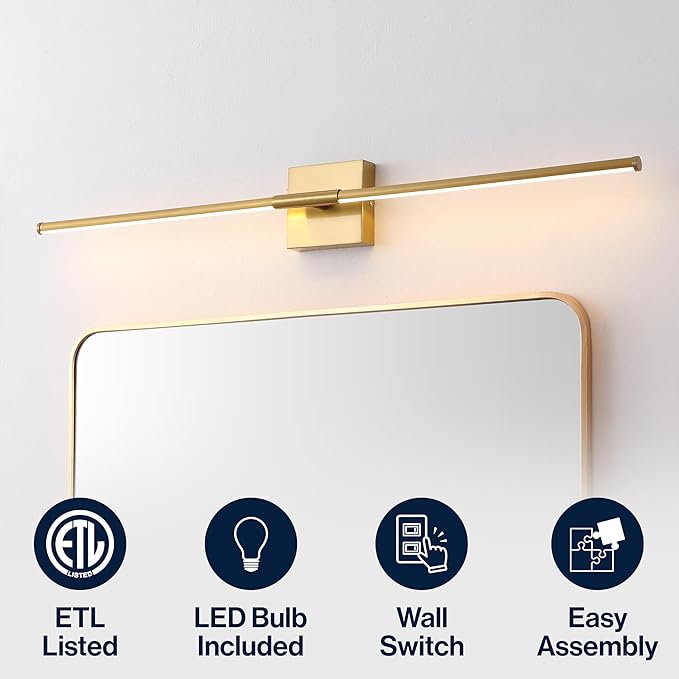 JONATHAN Y 32" Brass Gold Modern Dimmable Integrated LED Wall Sconce, Minimalist Adjustable Metal Vanity Light for Bathroom Mirror, Bedroom, Hallway, 3000K, ETL Listed (JYL7040B)