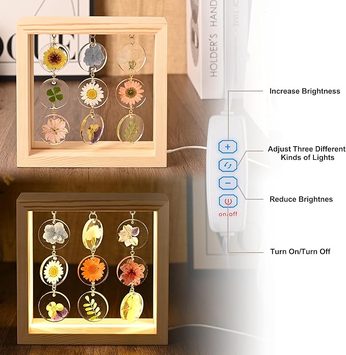 SMUK Dried Flower LED Table Lamp, Handmade Aesthetic 3 Way Dimmable Decorative Pressed Flower Desk Lamp with Wood Frame for Bedroom, Living Room, Office, Desk, Table Unique Bedside Lamps