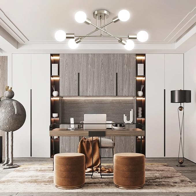 Nickle Modern Sputnik Chandelier Ceiling Light Fixture,6-Light Dining Room Light Fixture,Industrial Metal Kitchen Lighting Fixtures Ceiling,Angle Adjustable Semi Flush Mount Ceiling Light for Bedroom