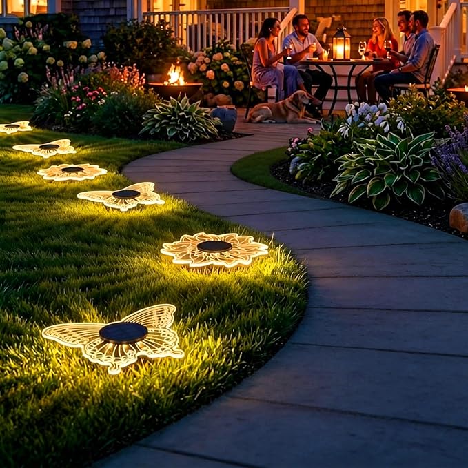 Brizled Solar Pathway Lights, 2 Pack Acrylic Butterfly & Flower Solar Lights Outdoor, LED Ground Light Warm White Garden Light Landscape Lighting Waterproof for Garden Yard Lawn Pathway Driveway Decor