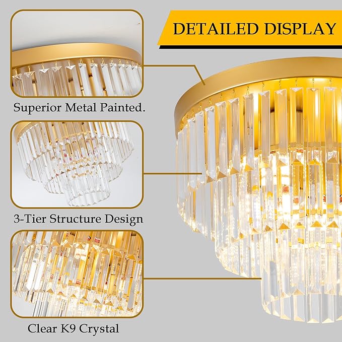 17" Flush Mount Crystal Chandelier 4-Lights Gold Crystal Ceiling Light 3-Tier Luxury K9 Dining Room Light Semi-Flush Ceiling Light for Bedroom Living Room Entryway Kitchen Island Hallway