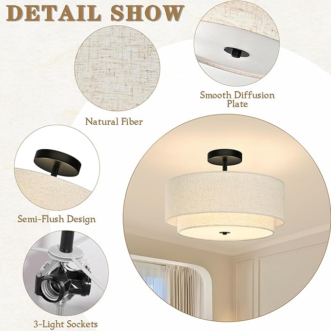 Bagood 16 Inch 3 Light Semi Flush Mount Ceiling Light Fixture Modern 2 Pack Black Drum Ceiling Light Fixture with 2-Layer Fabric Shade Dimmable Close to Ceiling Light for Bedroom Living Room Hallway