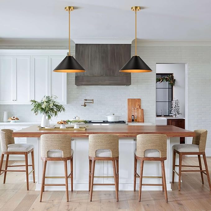15.7 Inch Modern Pendant Lights Kitchen Island, Black and Gold 1-Light Single Pendant Lighting Fixtures, Metal Cone Farmhouse Ceiling Hanging Light for Dining Room Over Sink Table Hallway