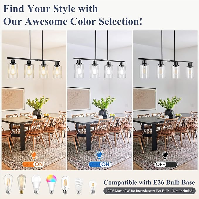 Dining Room Light Fixture Over Table, 4-Light Kitchen Island Lighting Hanging, Farmhouse Linear Chandelier for Dining Room, Matte Black Pendant Light Fixtures with Clear Glass Shade for Kitchen Island