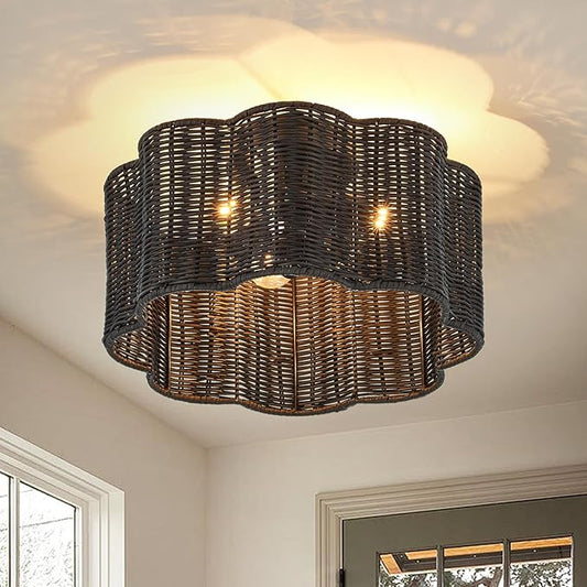 13” Boho Semi Flush Mount Ceiling Light Black Flower Floral Hand Woven Rattan Mini Chandelier for Bedroom Dining Room Kitchen Island Hallway, UL Listed