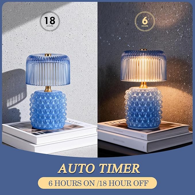 Small Battery Operated Lamp with Timer, Tiny Cordless Glass Table Lamp for Home Decor, Kitchen, Bathroom, Birthday Gift for Women, Pearl, Blue