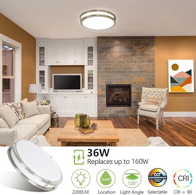 hykolity 16 inch Dimmable LED Flush Mount Ceiling Light Fixture, Brushed Nickel, 36W, 2200LM, 2.7/3/3.5/4K/5K Adjustbale, 120°Light Angle, CRI90, Ceiling Lamp for Bedroom, Kitchen, Office, ETL Listed