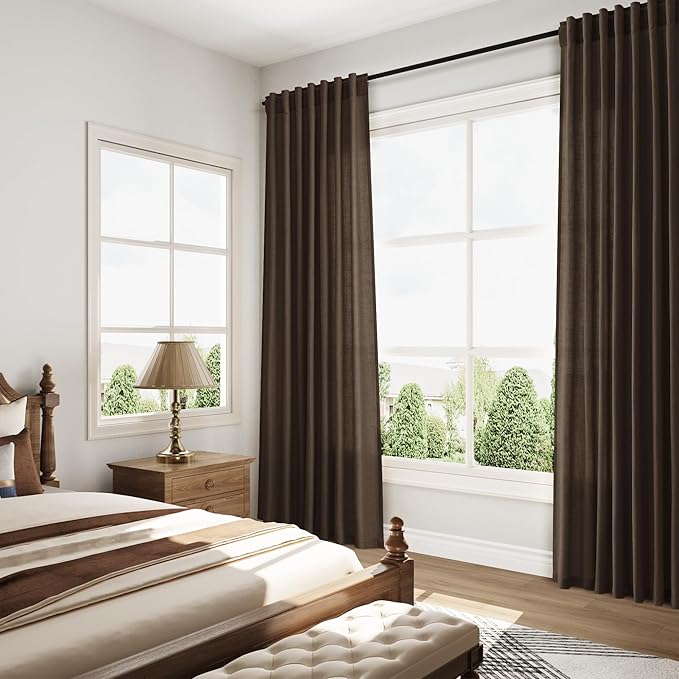 Chocolate Linen Curtains 90 Inch Long 2 Panels Set for Bedroom Living Room, Soft Linen Textured Window Drapes Semi Sheer Light Filtering Rod Pocket Back Tab Morden Style 52x90