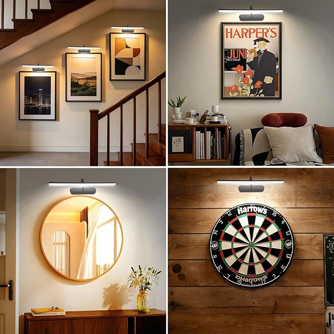 RAIFOOLLY Picture Light, Art Light for Paintings, 5000mAhBattery Operated Wall Light, Remote Accent Light with Timer and Dimmable for Frame, Portrait, Dartboard - Black 2PK
