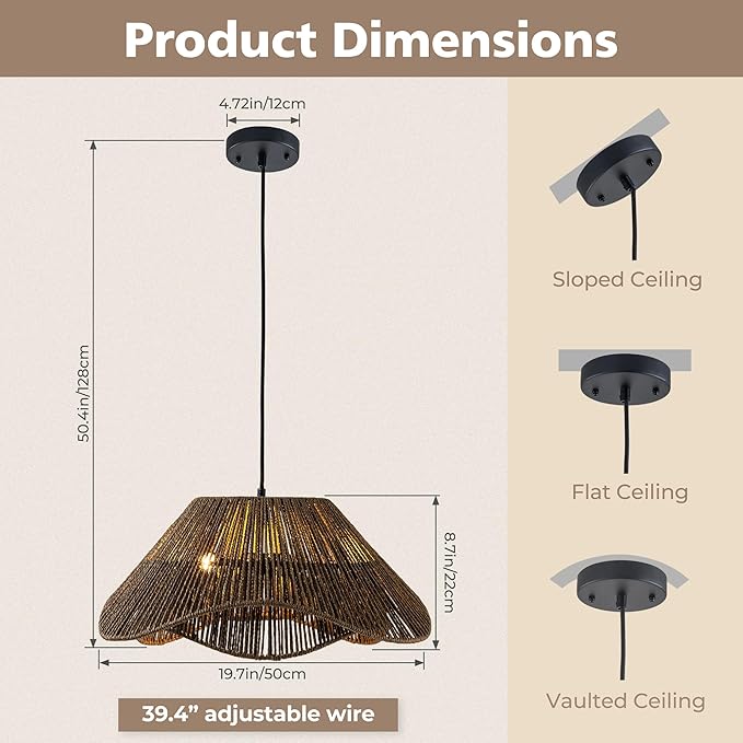 LumStory Dark Brown Rattan Pendant Light Fixture Farmhouse Boho Woven Rattan Chandelier for Dining Room, 3-Light Large Black Bohemian Rustic Wicker Ceiling Hanging Lamp Over Table for Kitchen Island