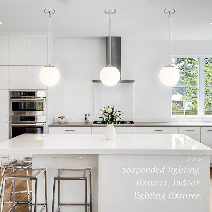 Bagood 8 Inch Globe Pendant Light Nickel Globe Pendant Lights Kitchen Island Mid Century Light Fixture with Milky White Glass Contemporary Adjustable Hanging Lights for Dining Room (Bulb Included)