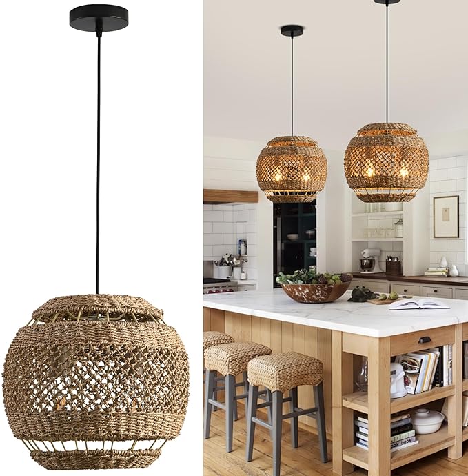 Rattan Pendant Light 13.78" Boho Wicker Seagrass Pendant Light Hand Woven Water Plants Rattan Chandelier for Dining Living Bedroom Kitchen Farmhouse
