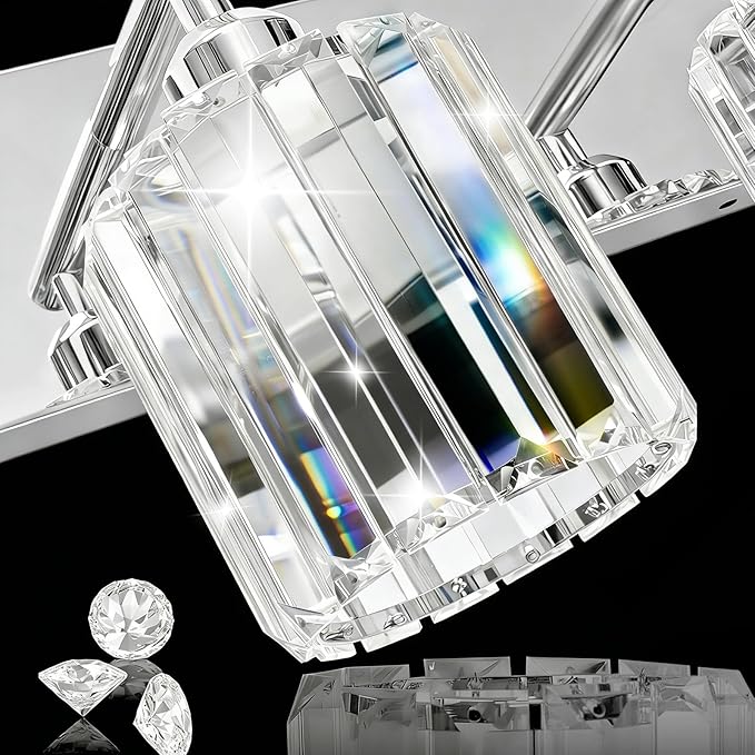 Brushed Chrome Crystal Bathroom Vanity Light, 4-Light Modern Bathroom Lighting Fixtures Over Mirror,Chrome Wall Sconce Light Fixtures with Round Shade