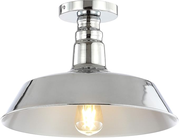 JONATHAN Y 14" Chrome Industrial LED Semi Flush Mount Ceiling Light for Porch, Kitchen, Entryway, Modern Farmhouse Iron Fixture, White Metal Shade, LED Bulb Included (JYL9516B)