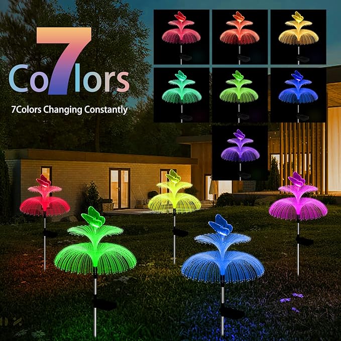 Weepong Solar Garden Lights Waterproof 6 Pack Solar Lights Outdoor Decorative 7 Color Changing Double Jellyfish and Butterfly Flower Yard Garden Decor Lawn Christmas Outside, Gifts for Mother's Women