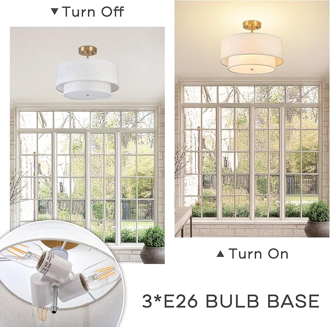 16" Semi Flush Mount Ceiling Light, 3-Light Double Drum Fabric Linen Shade for Living Room, Bedroom, Kitchen, Dining Room, Hallway and Entryway