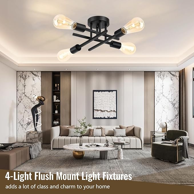 Ceiling Light, Dining Room Light Fixture with E26 Base, Semi Flush Mount Ceiling Light Fixture, Kitchen Lighting Fixtures Ceiling, 4-Light Matte Black Chandelier for Bedroom
