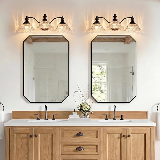Espird Black Bathroom Light Fixtures Over Mirror, 3 Light Vintage Bathroom Vanity Light Fixture with Clear Flower Glass Shades, Retro Matte Black Wall Sconce E26 Vanity Lights for Bathroom