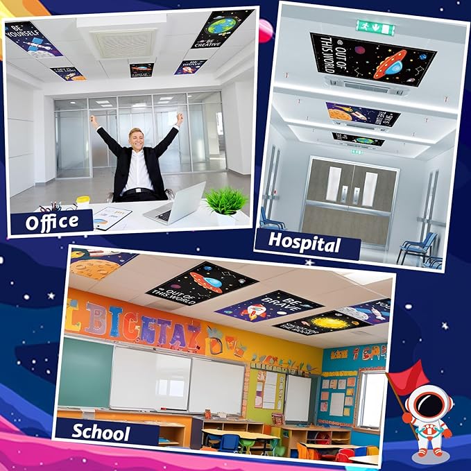 6 Pcs Fluorescent Light Covers with 60 Magnets Decorative for Classroom Ceiling Lights 4 x 2 Feet Magnetic Light Cover Filter Easy Install for Office Hospital Home Ceiling Supplies (Outer Space)