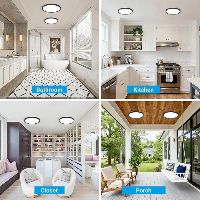 4 Pack LED Flush Mount Ceiling Light,9Inch 18W,3000K/3500K/4000K/5000K/6500K 5 Color Temperatures Ceiling Light Fixture for Kitchen Porch Hallway Bedroom Bathroom and Closet,Black