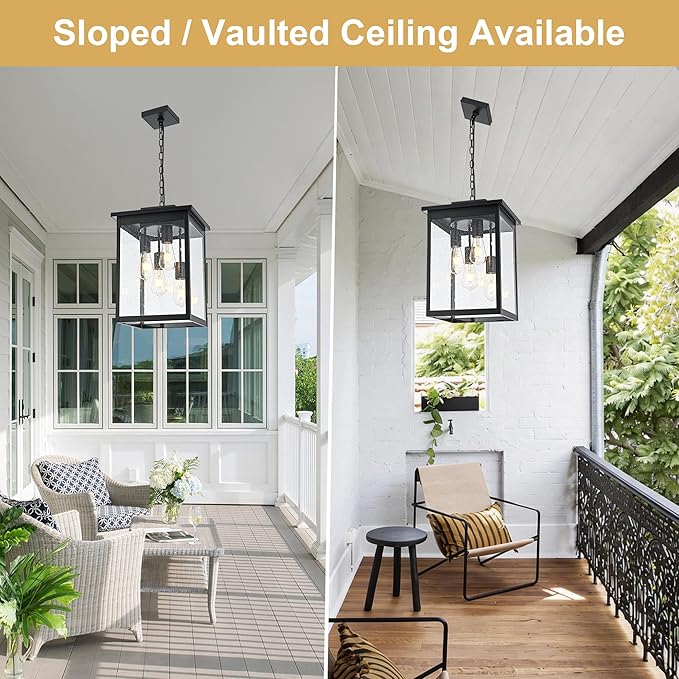 TODOLUZ 4-Lights Large Outdoor Pendant Light Fixture, Farmhouse Waterproof Black Porch Hanging Lighting with Adjustable Chain, Seeded Glass Panel & E26 Bulb Base for Patio Garden Entryway