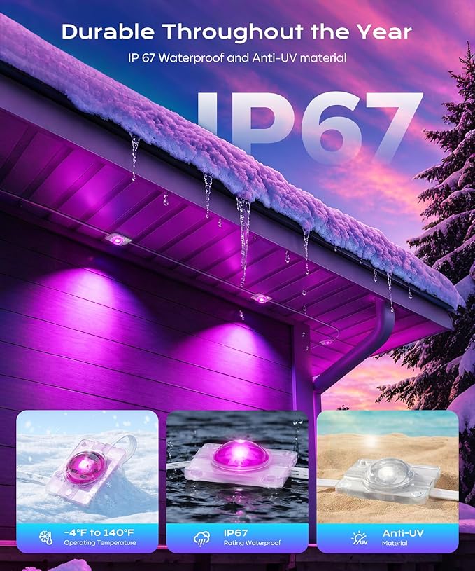 Permanent Outdoor Lights for House,50ft RGB+IC Lights with 16 Million Colors & 50 Scene Modes, App/Remote Control, IP67 Waterproof, DIY Music Sync, for Christmas, Holiday & Party Decor