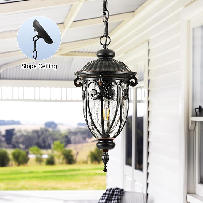 VIANIS Dusk to Dawn Outdoor Hanging Lights, Bronze Vintage Outdoor Pendant Light, Waterproof with Seed Glass, Anti-Rust Adjustable Length Chandelier, Porch Ceiling Light for Garden, Yard, Doorway