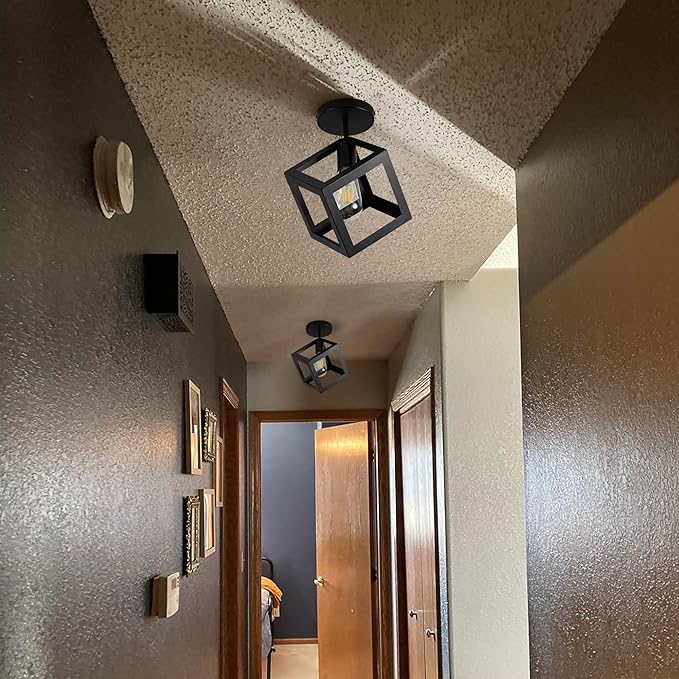 Modern Black Flush Mount Ceiling Light Fixture, Metal Frame Light Fixture,Farmhouse Light Fixture for Entryway Porch Hallway Stairway Garage Living Room Dining Room Balcony