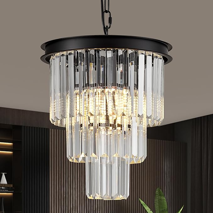 4-Light Crystal Pendant Light,11.8" 3-Tier Luxury Black Crystal Pendant Light Perfect for Dining Room, Bedroom, Kitchen, Living Room