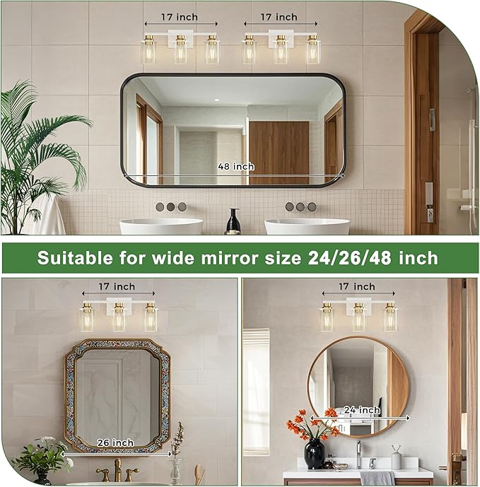 DORESshop 17 Inch Bathroom Light Fixtures, 3-Light White and Gold Bathroom Lighting Fixtures Over Mirror with Clear Glass Shade, Vanity Lights for Living Room Bedroom