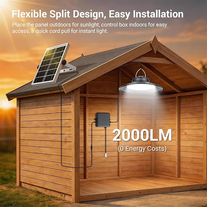 ropelux Solar Powered Shed Light Indoor Outdoor, 2000LM Daytime Available Pendant Light with Pull String, 2 Lighting Modes Solar Lights, IP65 Waterproof for Barn, Gazebo, Shop, Garage, Home (2Pack)