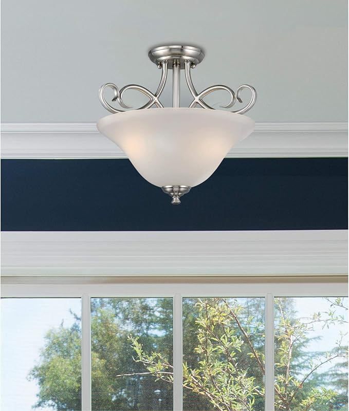 Westinghouse 6573800 Dunmore 15-Inch, Two-Light Indoor Semi-Flush Mount Ceiling Fixture, Brushed Nickel Finish with Frosted Glass
