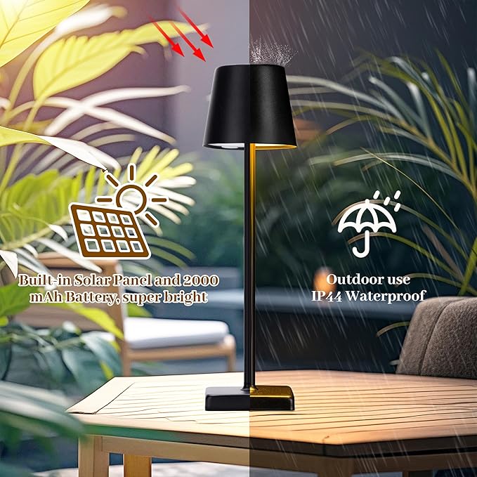 2 Pack Cordless Table Lamps,Rechargeable Outdoor Solar LED Lamp,Portable USB Desk Lamp Waterproof,2000mAh Battery Operated,Touch Stepless Dimming Light for Bedroom,Restaurants,Patio,Camping,Black