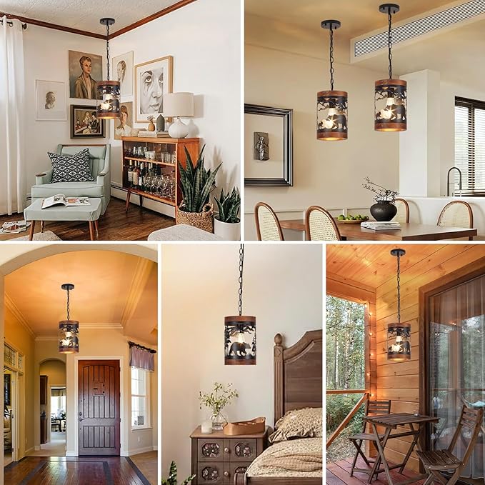 Rustic Bear Pendant Light, 1-Light Farmhouse Wood and Metal Cage Chandelier, Adjustable Hanging Ceiling Fixture for Kitchen Island, Hallway, Bar, Dining Room, Foyer, or Bedroom, (No Bulb Included)
