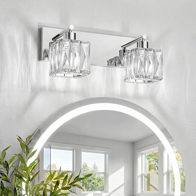 VOLISUN Chrome Bathroom Light Fixtures, Modern Stainless Steel Bathroom Lighting Fixtures Over Mirror, 2 Light Bathrooms Vanity Light, Crystal Vanity Light for Bathrooms-UL Certificated(Exclude Bulb)