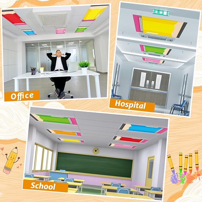 Wiooffen 6 Pcs Fluorescent Light Covers with 60 Magnets Decorative for Classroom Ceiling Lights 4 x 2 Feet Magnetic Light Cover Filter Easy Install for Office Hospital Home Ceiling Supplies (Pencil)