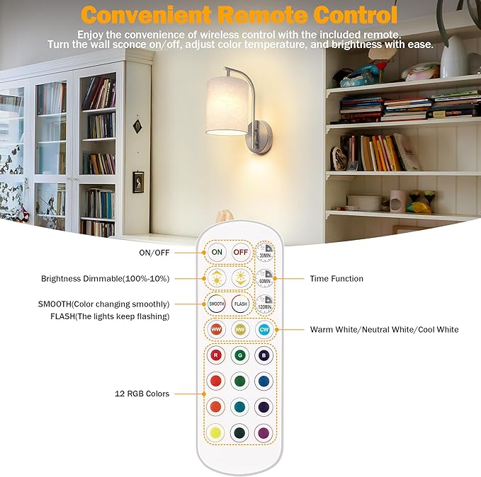 MATAMEYE Battery Operated Wall Sconce Set of 2, Brushed Nickel Rechargeable Dimmable Wall Light Fixture Remote, 12 RGB Colors & Timer, Wireless Lamp White Shade