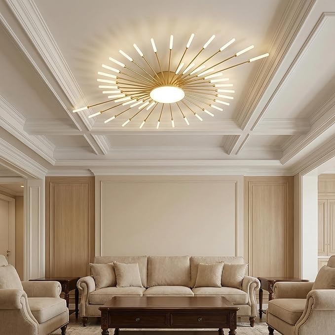 Modern Ceiling Light LED Flush Mount Ceiling Light for Living Room,Kitchen,Dining Room,Bedroom Fireworks Design Dimmable with Remote Control & Memory Function Lighting Fixture (Gold,42 Light)