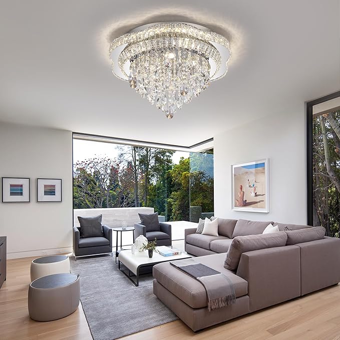 24" Sliver Crystal LED Ceiling Light Fixture with Remote Control,Flush Mount Chandelier with 3-Color Dimmable for Living Room Bedroom Dining Room Hallway - Modern Flower Design