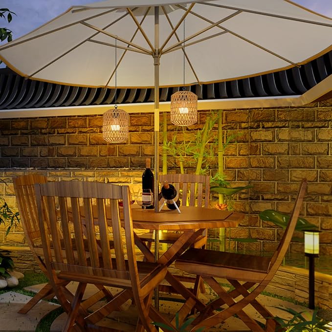HMVPL Battery Operated Chandelier, Rattan Battery Operated Pendant Light with Remote, Boho Outdoor Chandelier for Gazebo, Wicker Gazebo Light, Outdoor Hanging Lamp for Patio Pergola Indoor(2 Pack)