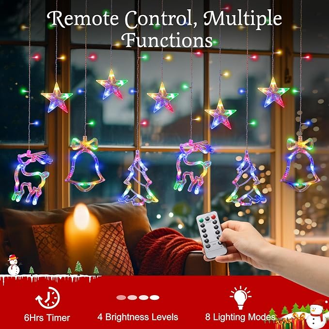 Lewondr Reindeer Bell Christmas Curtain Lights, 138 LED Christmas Tree Hanging Home Lights with 6H Timer & 8 Modes, USB Powered Fairy Lights, Xmas Decor for Home Party Indoor,Colorful Light