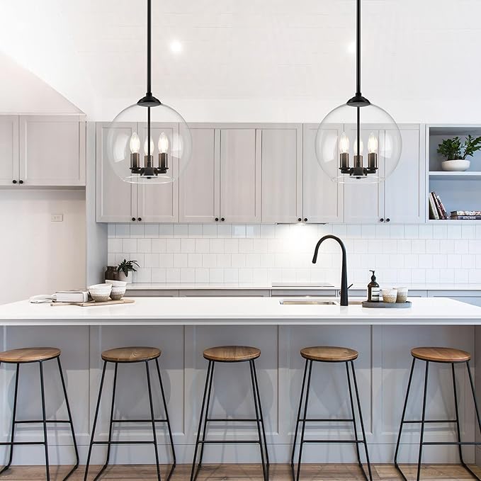 12" Globe Pendant Lights Kitchen Island Glass Globe Pendant Light Fixture Bedroom Mid Century Modern Pendant Lighting Black Pendant Light for Kitchen Island Dinning Room (Bulb Incl.)
