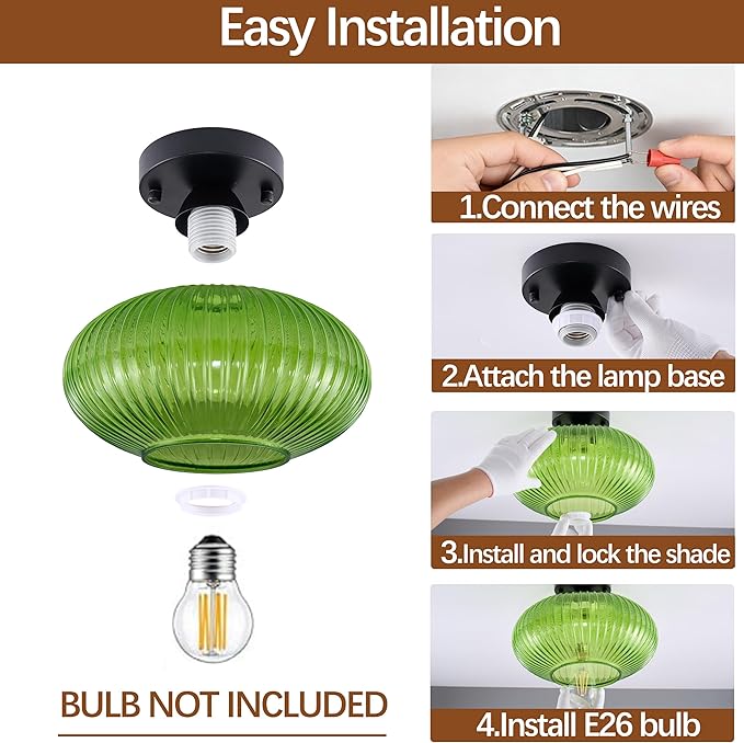 Green Vintage Glass Semi-Flush Ceiling Light - Mid Century Modern Art Deco Lighting Fixture for Hallway, Kitchen, Dining Room, Entryway, Foyer, Porch, Laundry Room