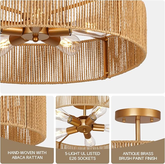 24" Natural Rattan Flush Mount Ceiling Light Fixture, 5-Light Gold Hand-Woven Wicker Boho Chandelier for Bedroom, Living Room, Dining Room, Kitchen, Rustic Lamp for Hallway and Entryway
