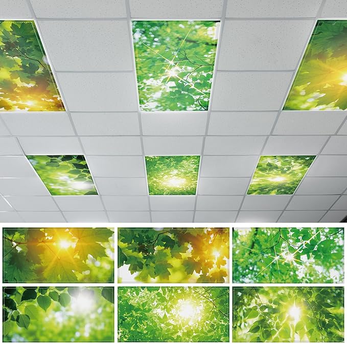 Wiooffen 6 Pcs Fluorescent Light Covers with 60 Magnets Decorative for Classroom Ceiling Light 4 x 2 Feet Magnetic Light Covers Filter Easy Install for Office Hospitals & Home(Green Leaves)
