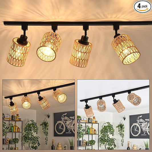 4-Pack H Track Light Heads, Modern Rattan Track Lighting Fixtures for H Type Single Circuit Tracks Rails, Adjustable Track Light Fixtures, E26 Track Light Ceiling Modern for Kitchen, No Bulb